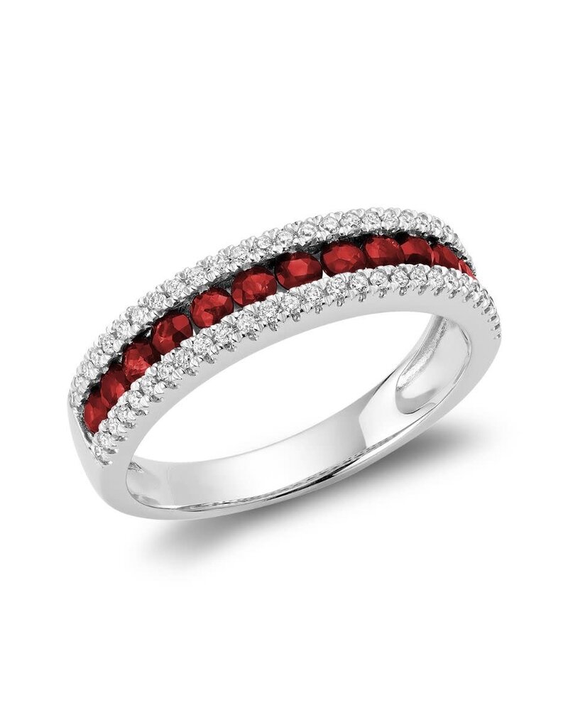 DIAMANTS 54=0.20 I H-I, RUBIES 13=0.67CT, 14K OR BLANC AVEC RHDOIUM, 2.91G, BAGUE RUBIES ET DIAMANTS SEMI ÉTERNITÉ 02-040350RU