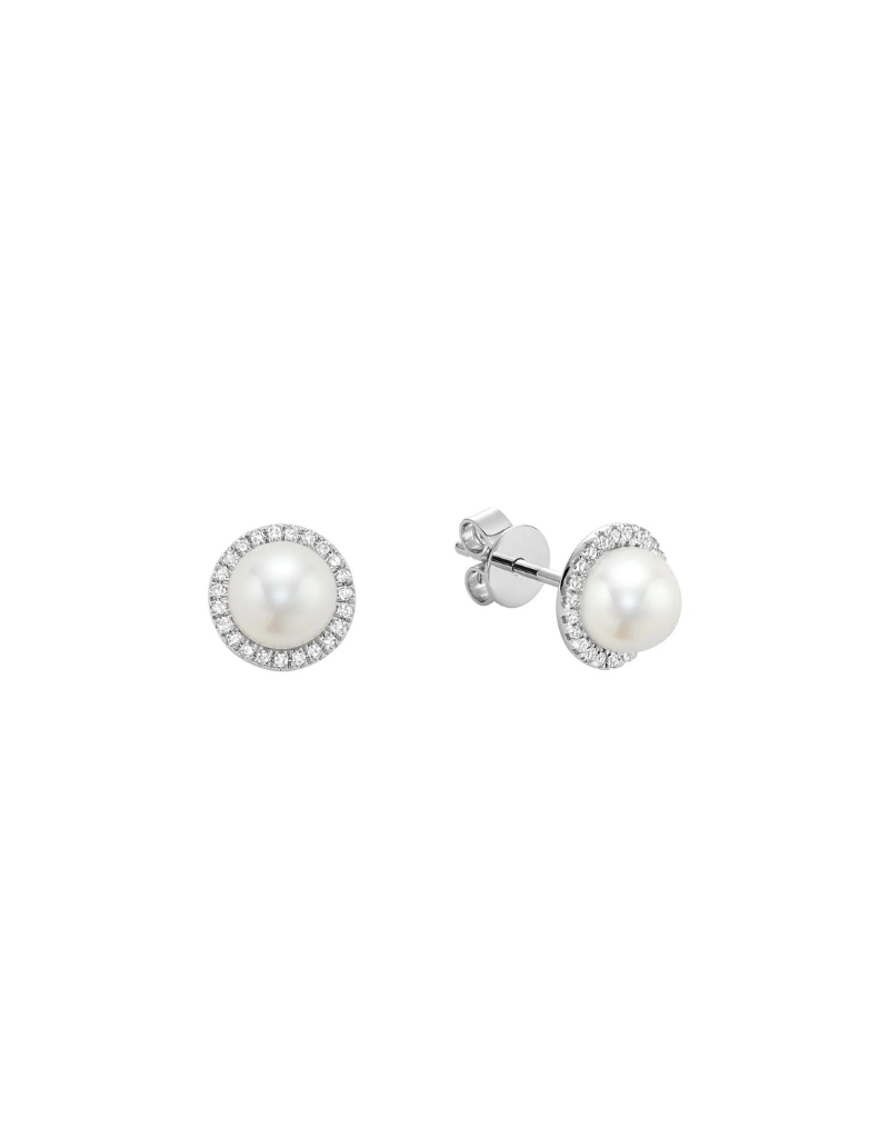 Boucle d'oreilles perles et diamants Or 10k fixes perle culture 6-6.5mm diamants 46=0.14ct I GH