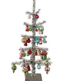 Tinsel Tree Silver w/ Glass Decorations