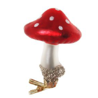 Glass mushroom mat red w/silver glitter on clip 8cm