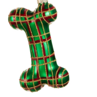 Glass Plaid Dog Bone Orn 5"