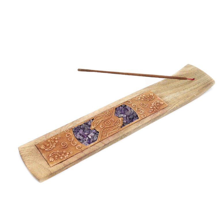 Porte-encens bois - Mains Améthyste