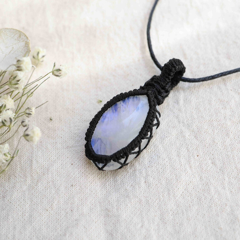 Rainbow Moonstone Pendant - Macrame