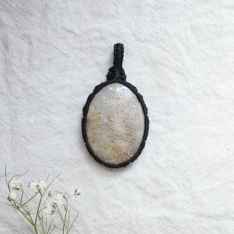 Fossilized Coral Pendant - Macrame