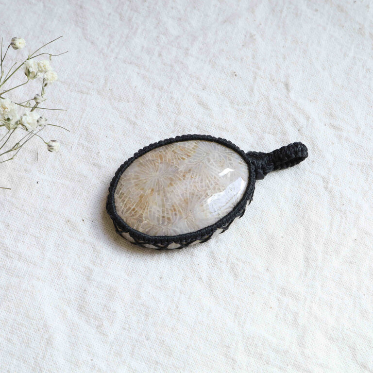 Fossilized Coral Pendant - Macrame