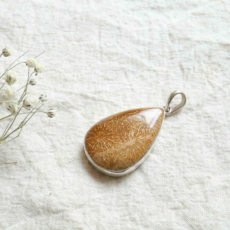 Pendentif Corail Fossilisé - Goutte