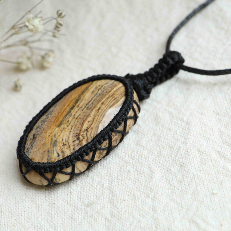Pendentif Jaspe paysage - Macramé