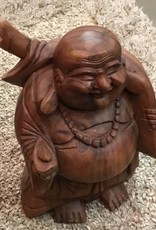 Carved large wood standing happy buddha (hotei)