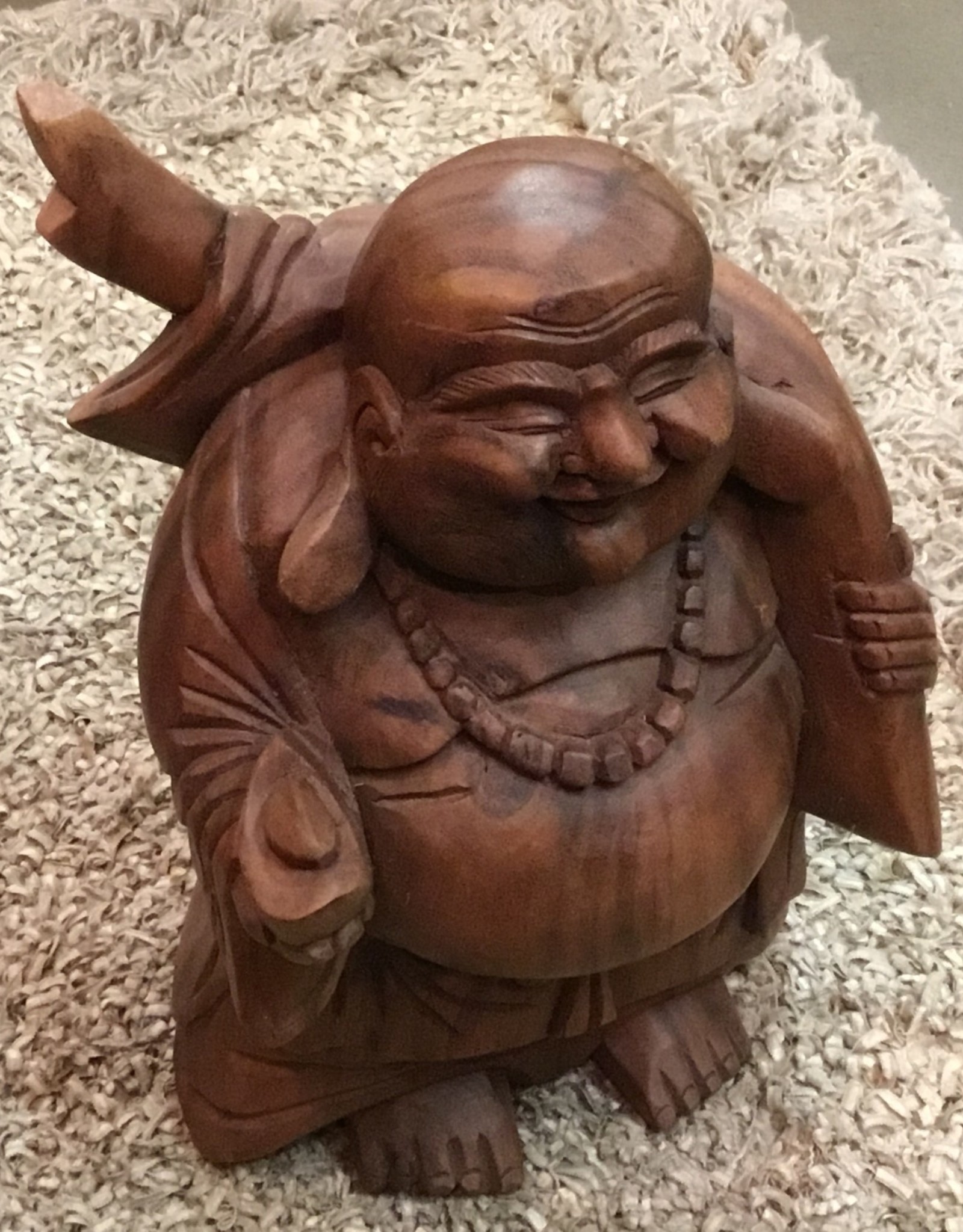 Carved large wood standing happy buddha (hotei)