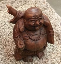 Carved large wood standing happy buddha (hotei)