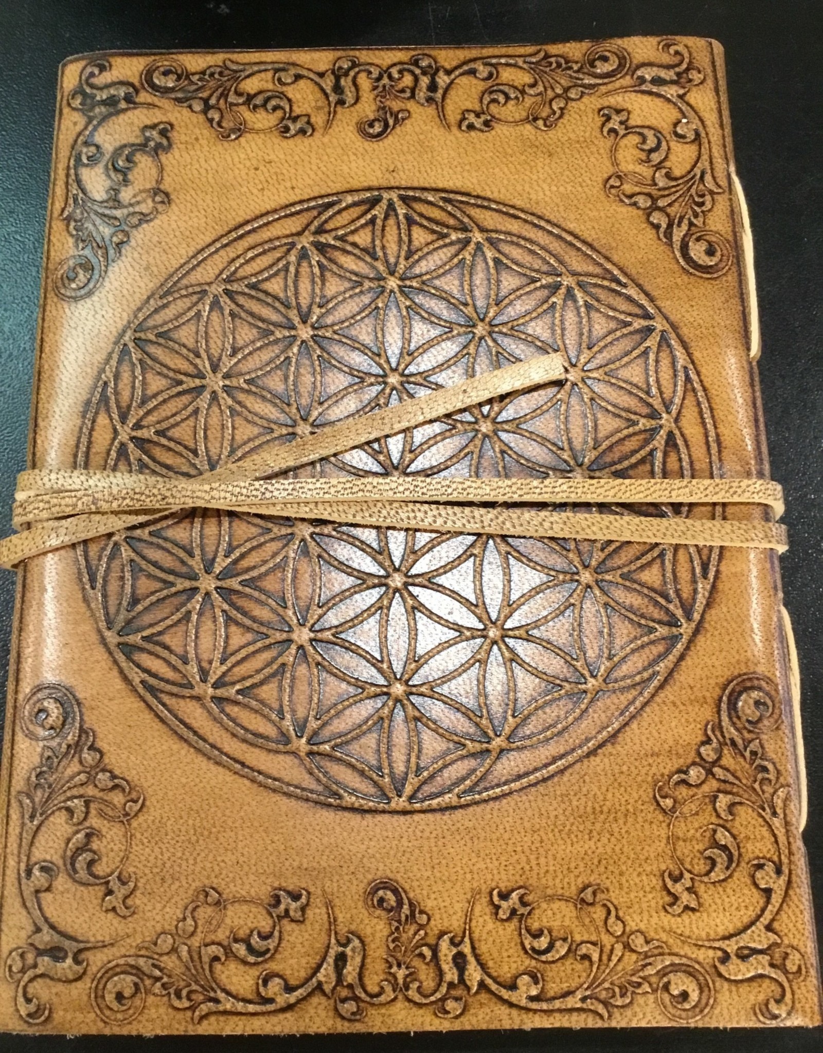Leather Flower of LIfe Journal, strap and button 5X7