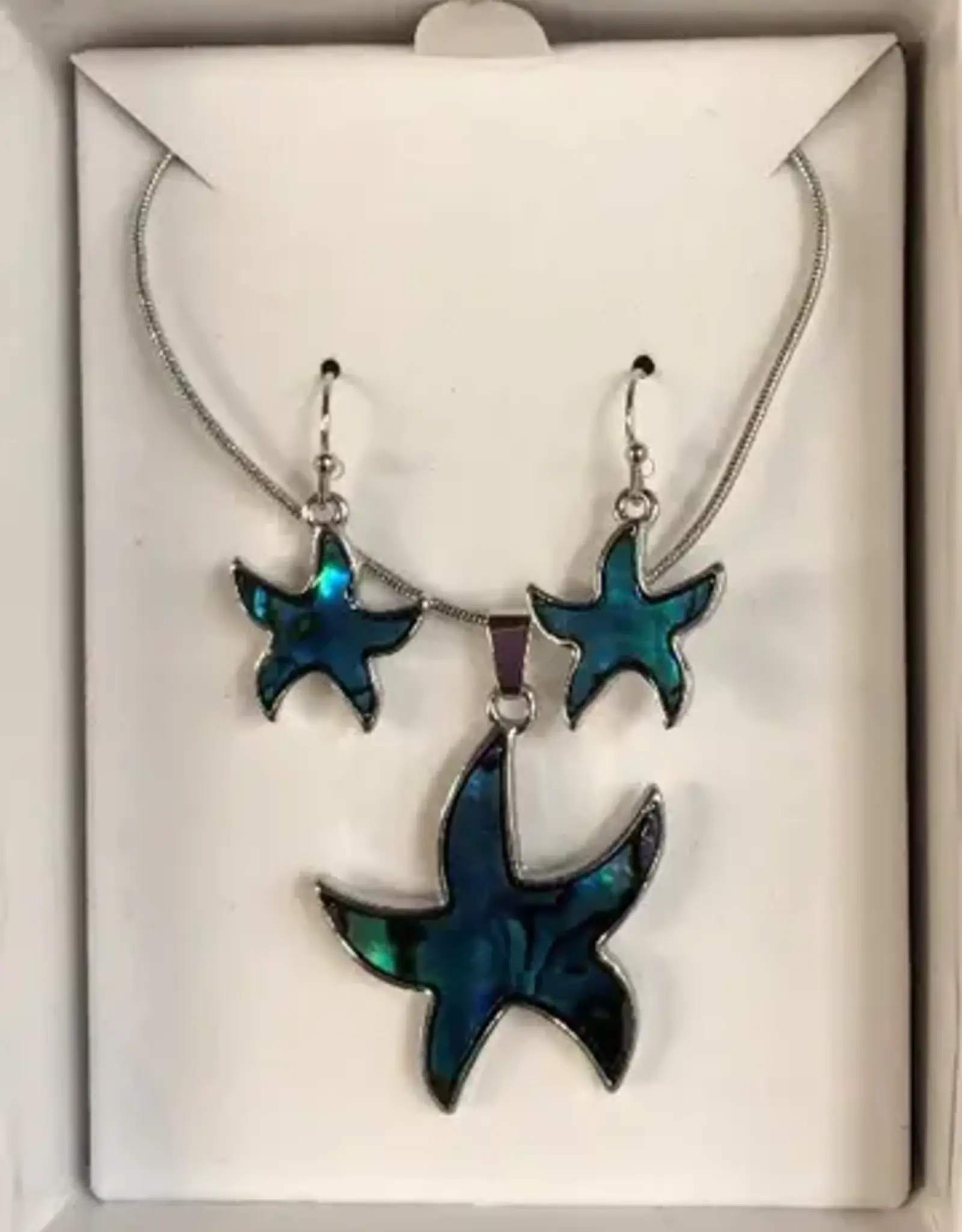 Paua Shell Starfish dangle earrings & pendant with chain Set