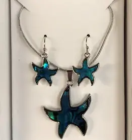 Paua Shell Starfish dangle earrings & pendant with chain Set