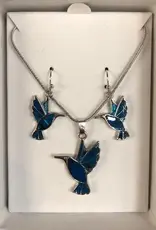 Paua Shell Hummingbird Dangle Earrings & Necklace Set