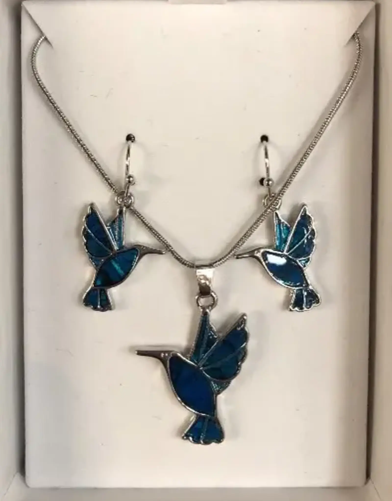 Paua Shell Hummingbird Dangle Earrings & Necklace Set