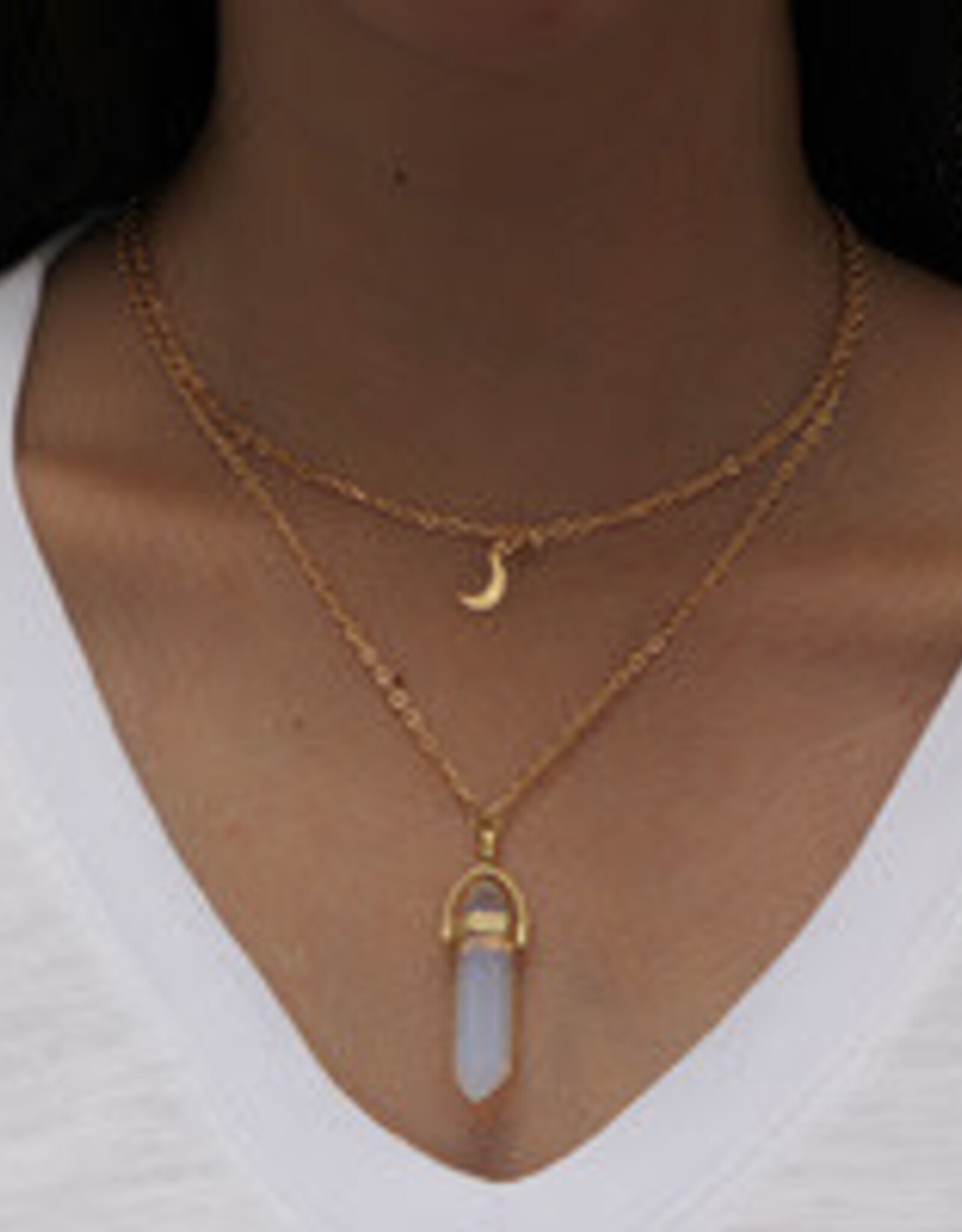 Natural Stone Pendant 30mm on Moon Necklace Double layer chain