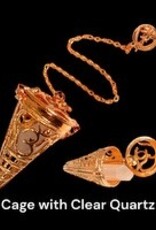 Bronze Om Filigree Cage with Crystal Point Pendulum