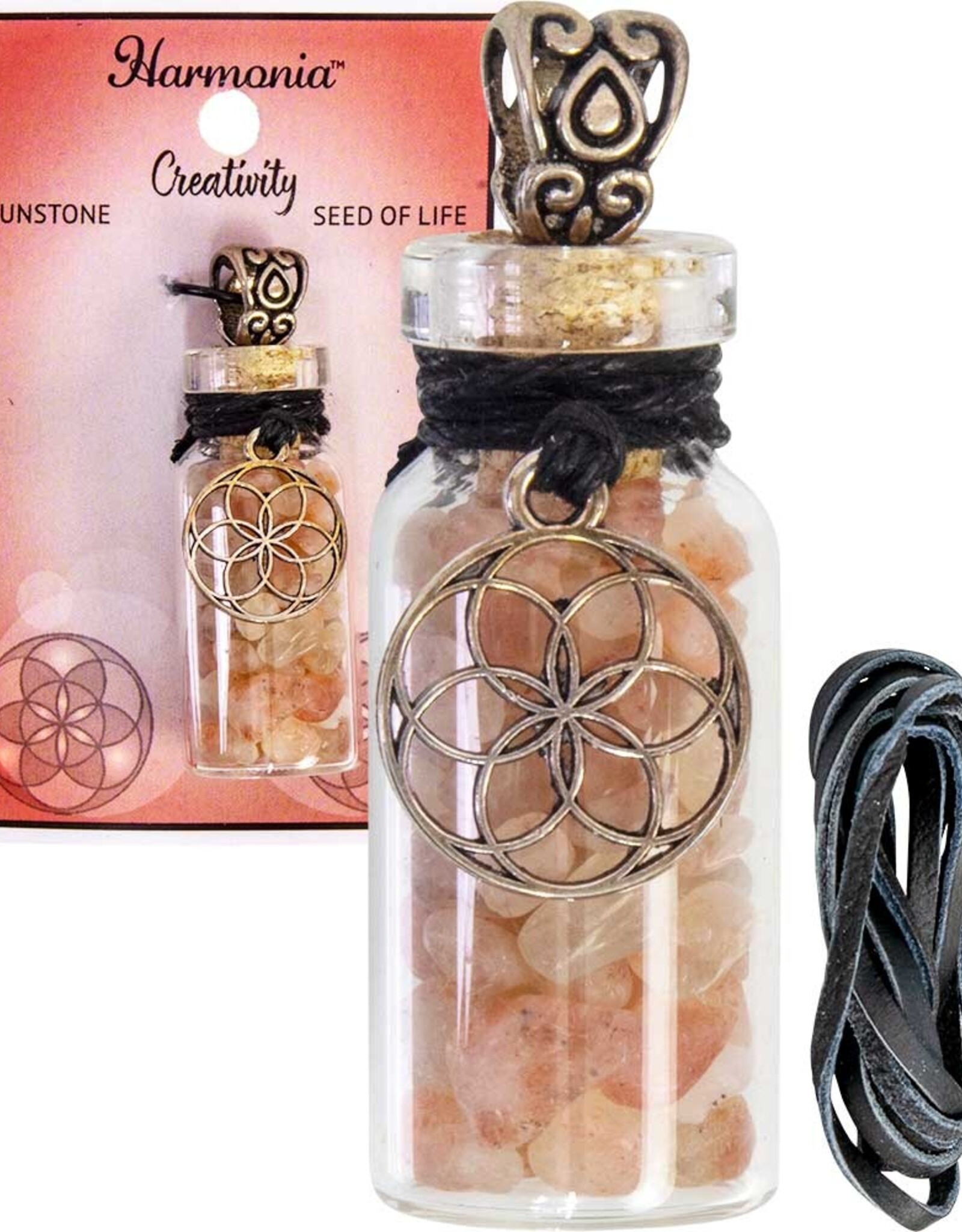 NECKLACE-STONE CHIPS BOTTLE-SUNSTONE & SEED OF LIFE 20.5" L