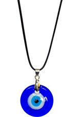 NECKLACE-EVIL EYE PROTECTION-ROUND BLUE-BLACK CORD 1"