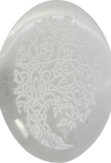 SELENITE – ETCHED PALM STONE – TREE OF LIFE -2.5″X1.5″