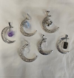 Filigree Moon Pendant with Dangling Stone