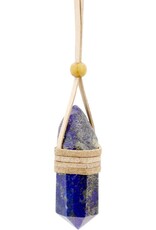 NECKLACE-FACETED POINT-LEATHER WRAP LAPIS- 1″-1.75″