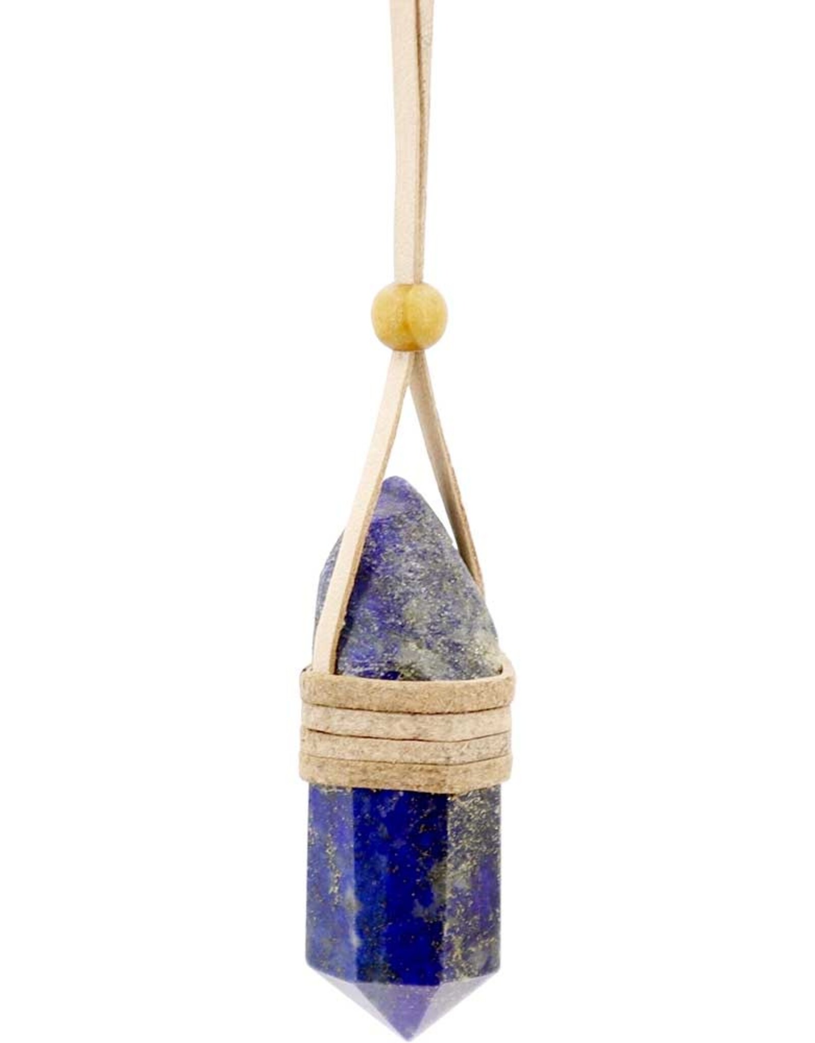 NECKLACE-FACETED POINT-LEATHER WRAP LAPIS- 1″-1.75″