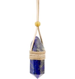 NECKLACE-FACETED POINT-LEATHER WRAP LAPIS- 1″-1.75″