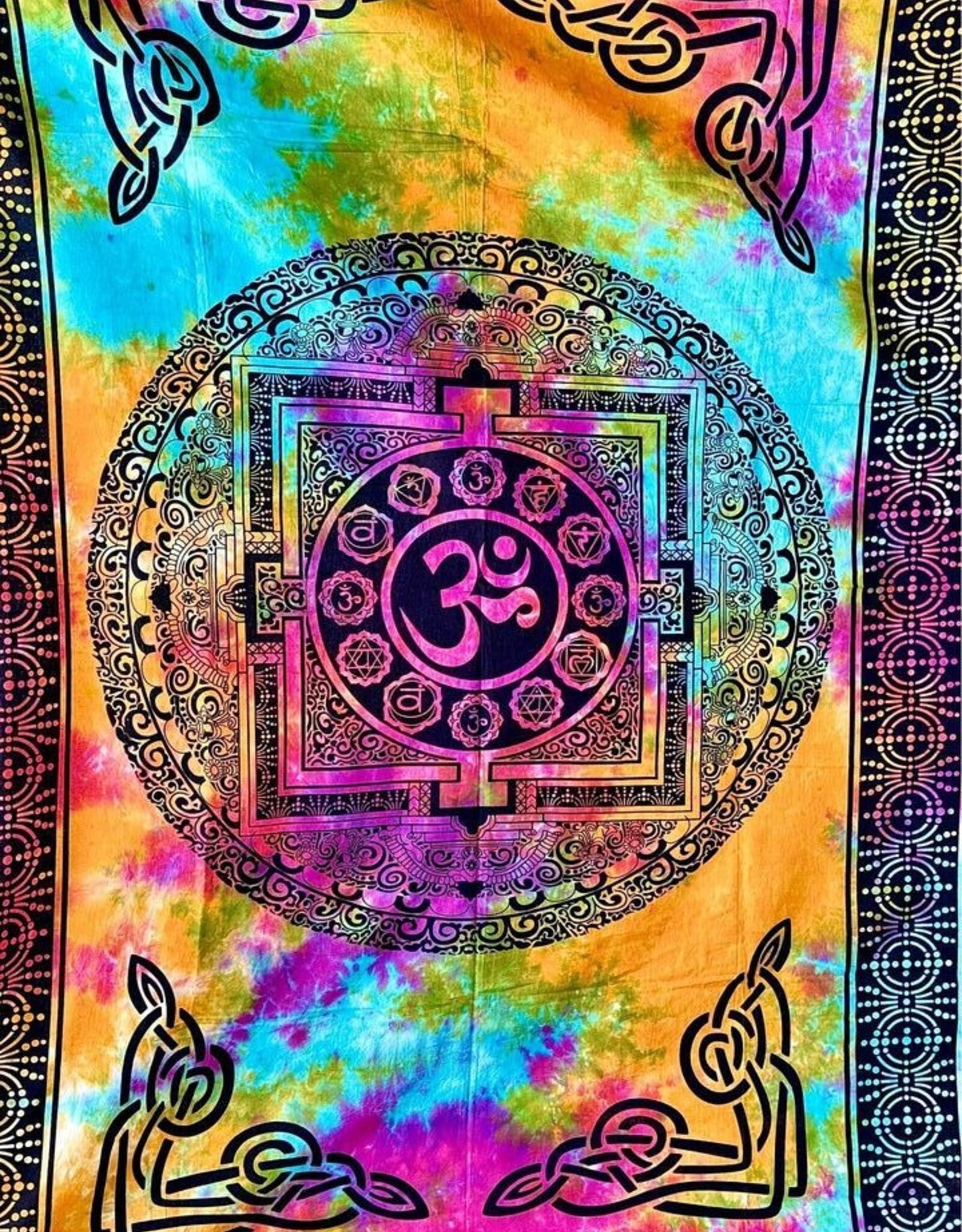 Om Mandala with Seven chakra Symbol Tie Dye Wall hanging Tapestry from Nepal