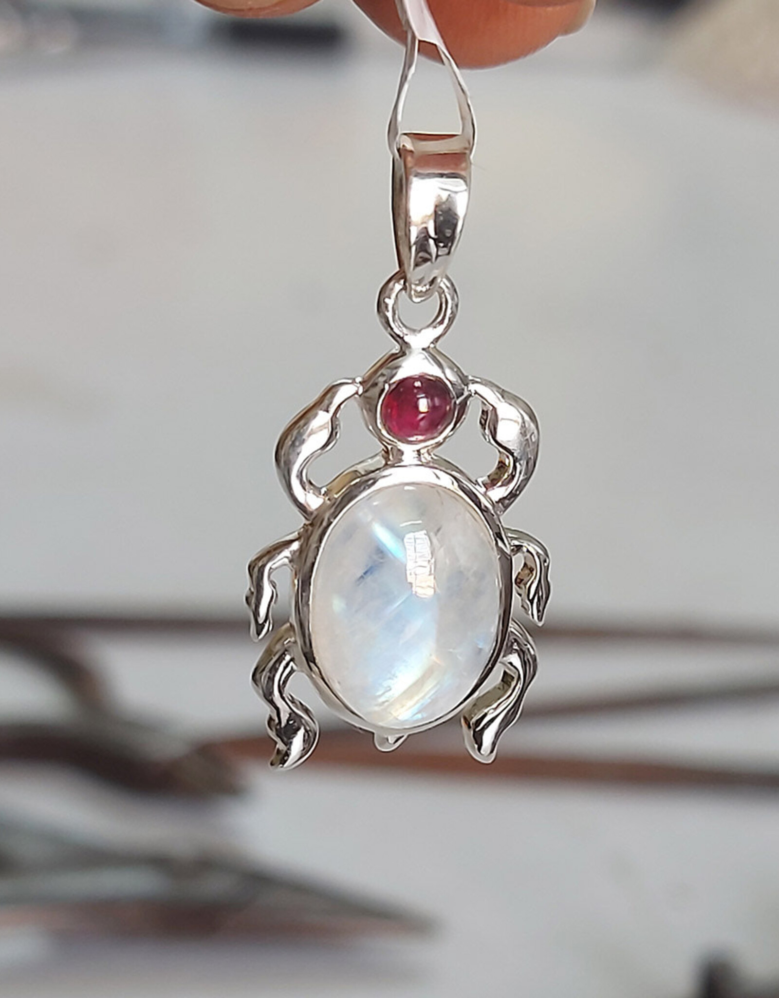 Scarab Moonstone Garnet Sterling Silver Pendant