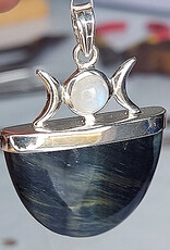 Natural Hawks Eye Triple Goddess Sterling Silver Pendant