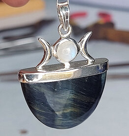 Natural Hawks Eye Triple Goddess Sterling Silver Pendant