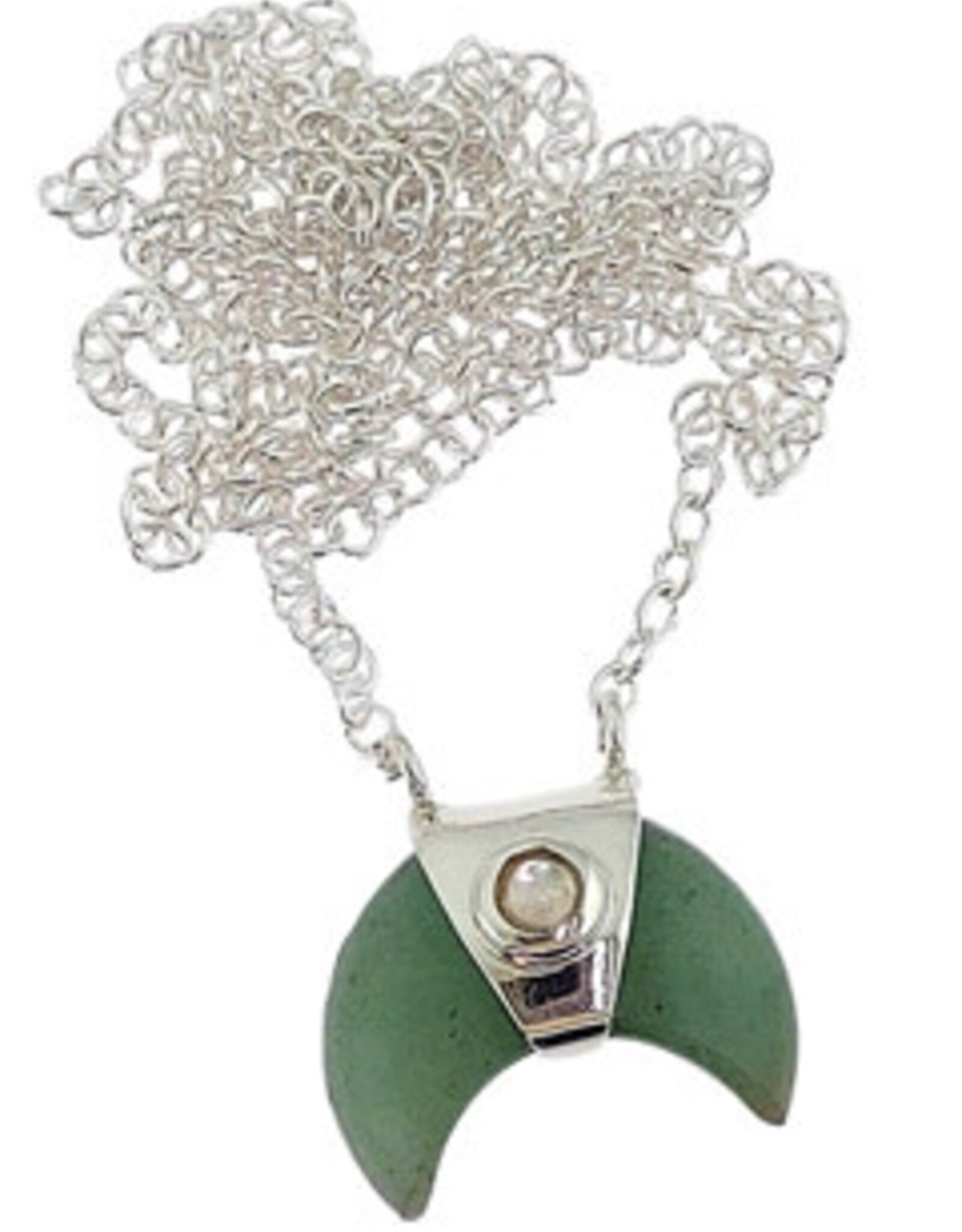 Crescent Moon Sterling Silver Necklace Natural Jade Rainbow Moonstone