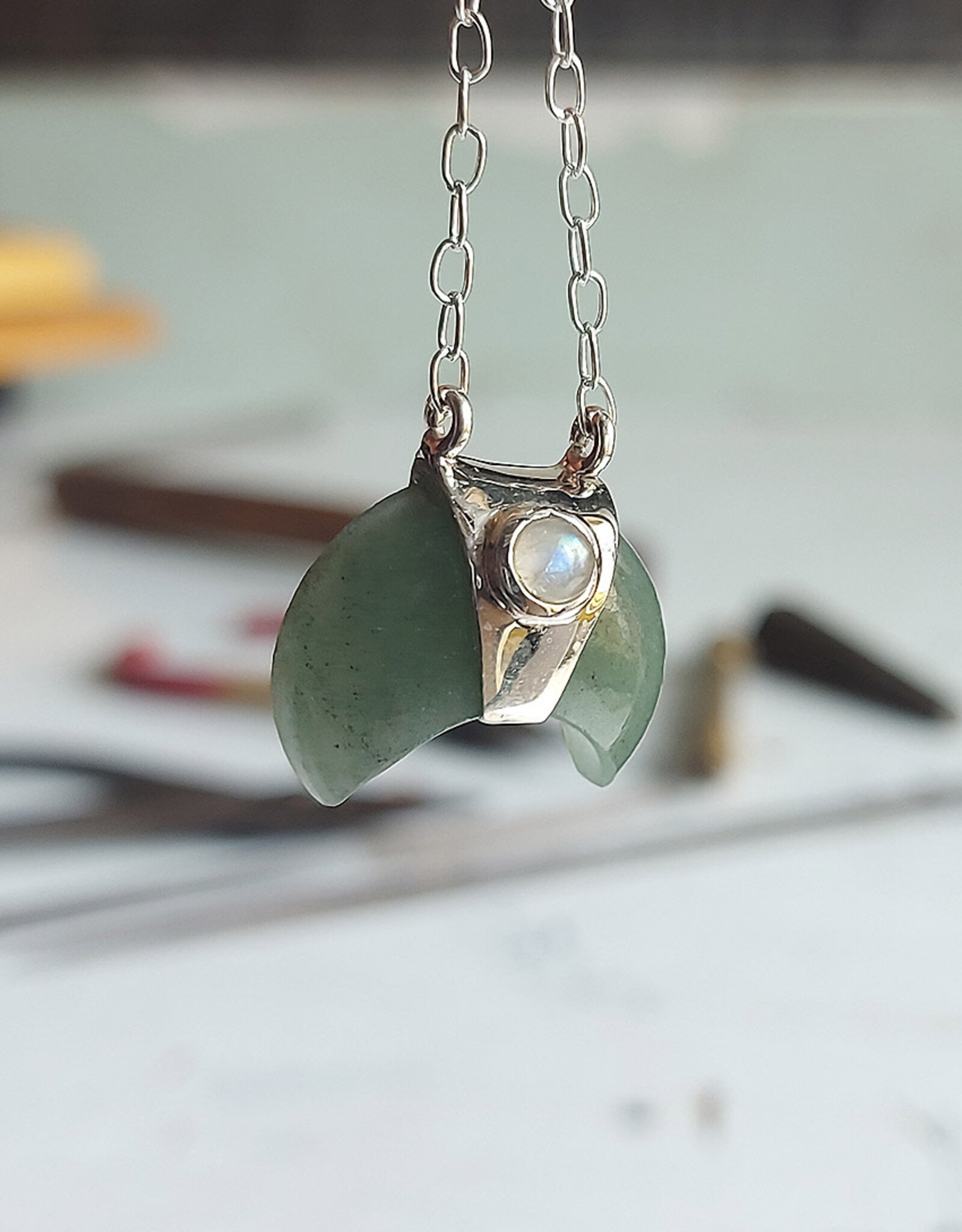Crescent Moon Sterling Silver Necklace Natural Jade Rainbow Moonstone