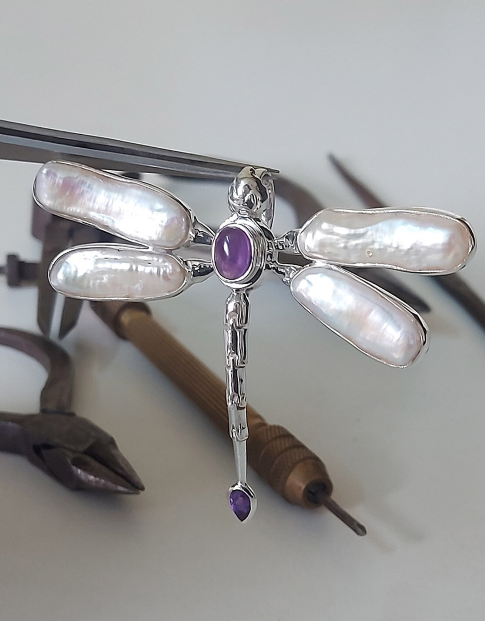 Dragonfly Amethyst Mother of Pearl Sterling Silver Pendant