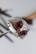 Natures Wisdom Owl with Garnet Sterling Silver Ring Size 7