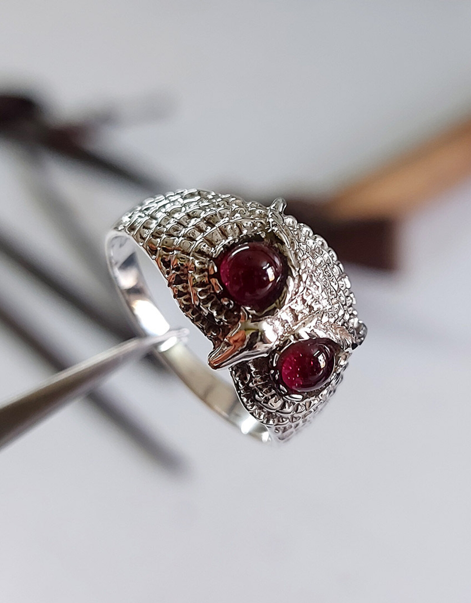 Natures Wisdom Owl with Garnet Sterling Silver Ring Size 7