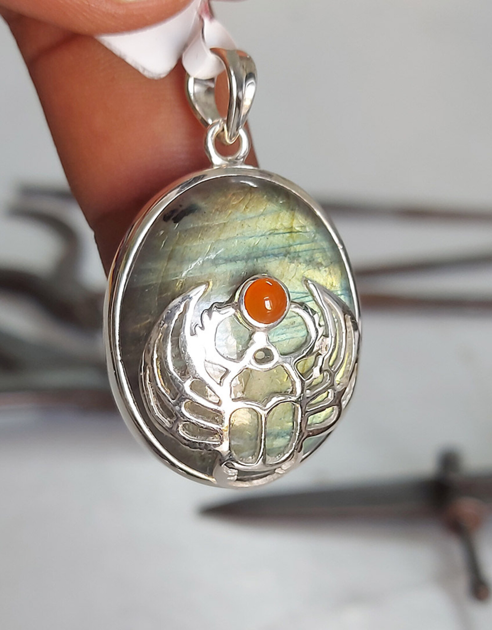 The Mystical Life Scarab Labradorite Carnelian Sterling Silver Pendant