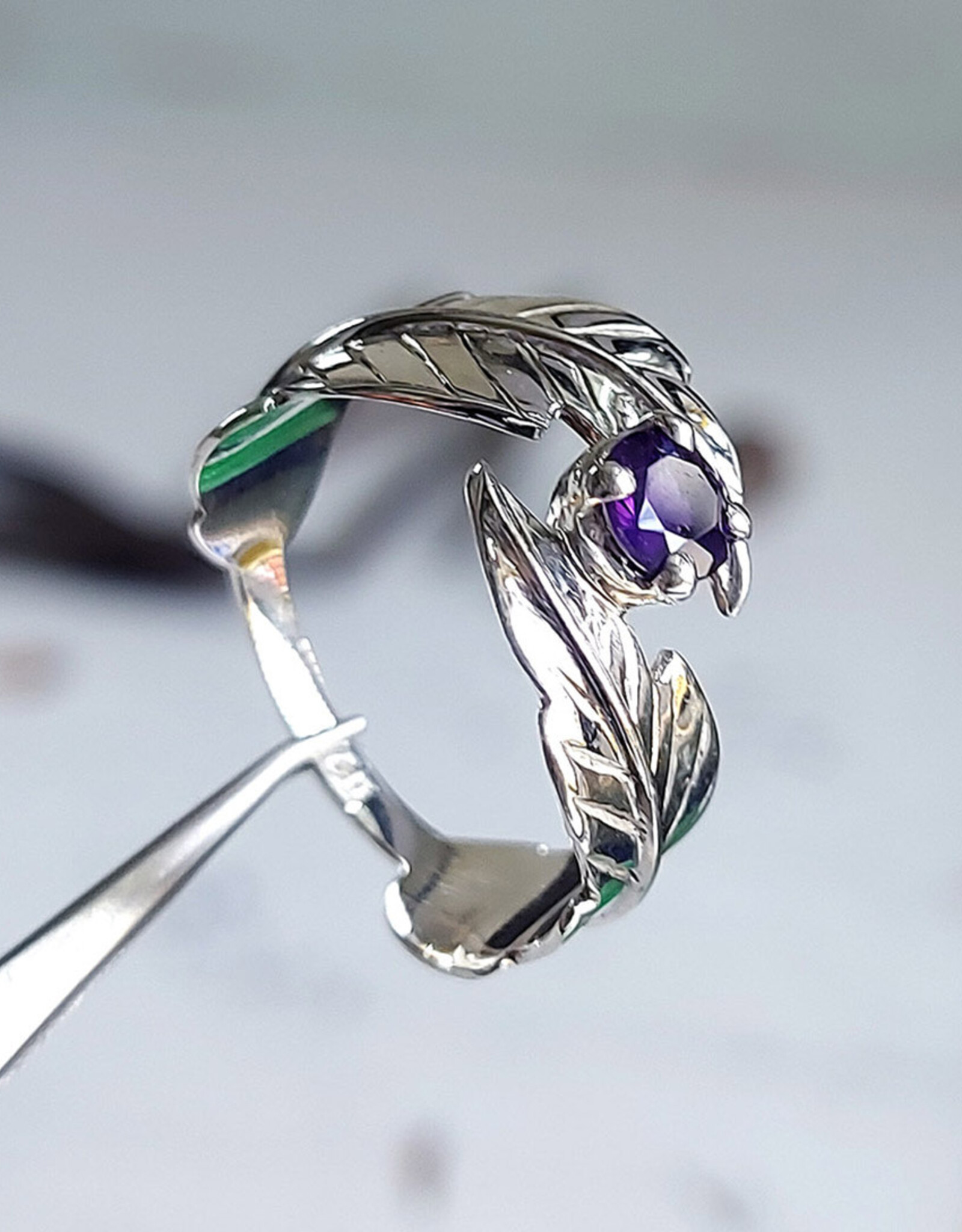 Silver Leaf with Faceted Amethyst Ring Size 9