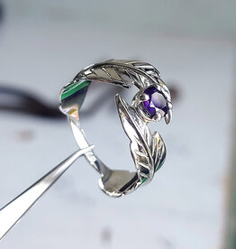 Silver Leaf with Faceted Amethyst Ring Size 9
