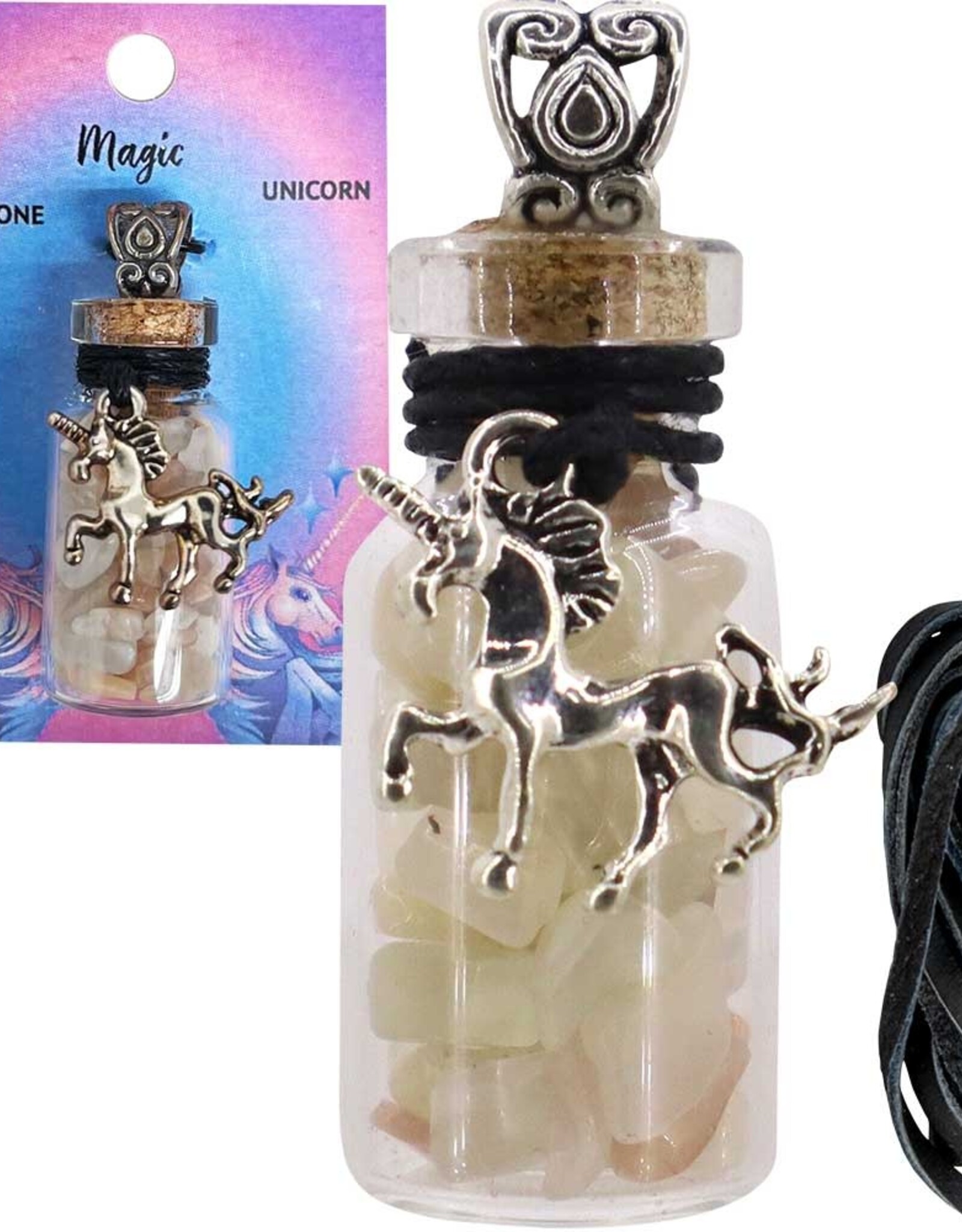 NECKLACE-STONE CHIPS BOTTLE-MULTI MOONSTONE & UNICORN 20.5″L