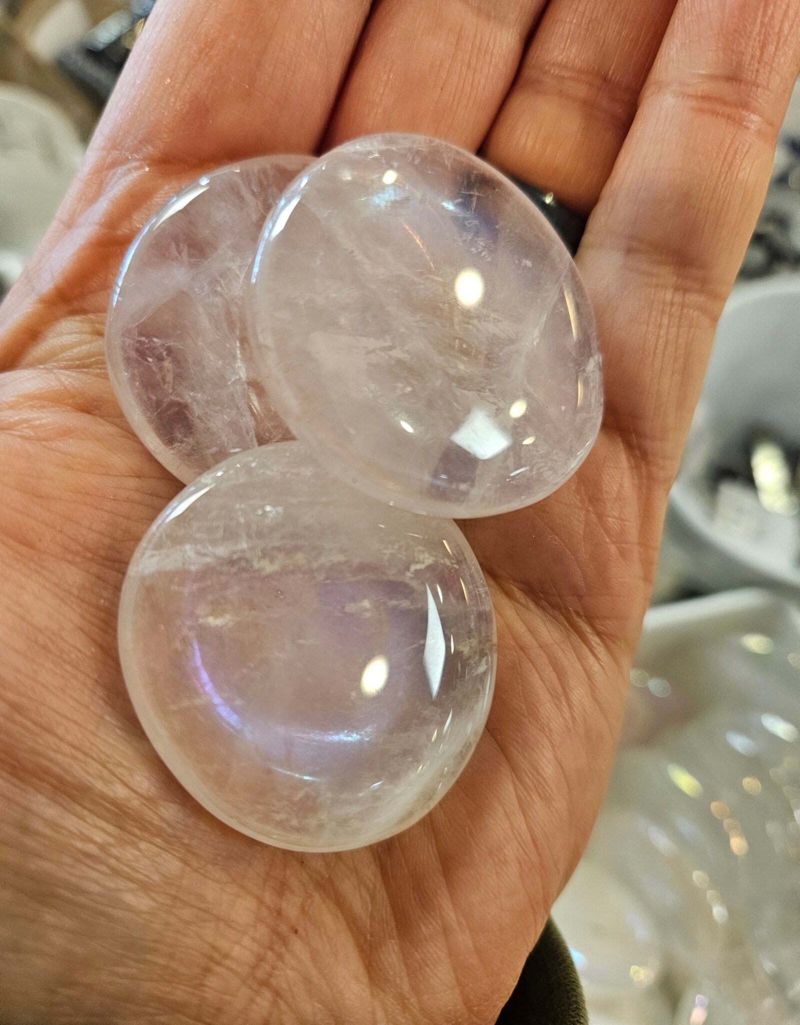 Angel Aura on Rose Quartz Flat/Smooth Stone
