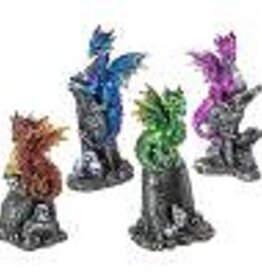 RESIN DRAGON FIGURINE-ON ROCKS W/SKULLS 3.75-4.25″H