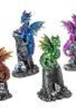 RESIN DRAGON FIGURINE-ON ROCKS W/SKULLS 3.75-4.25″H