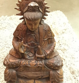 WOOD Sitting Quan Yin with vase on lotus
