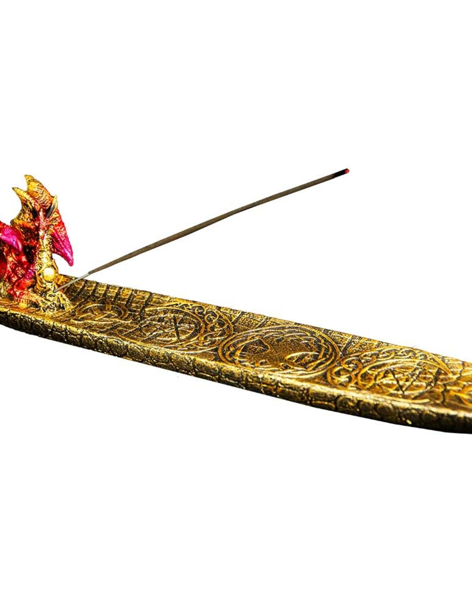 RESIN INCENSE HOLDER-RED DRAGON W/CELTIC TRIPLE MOON 1.75X9″L