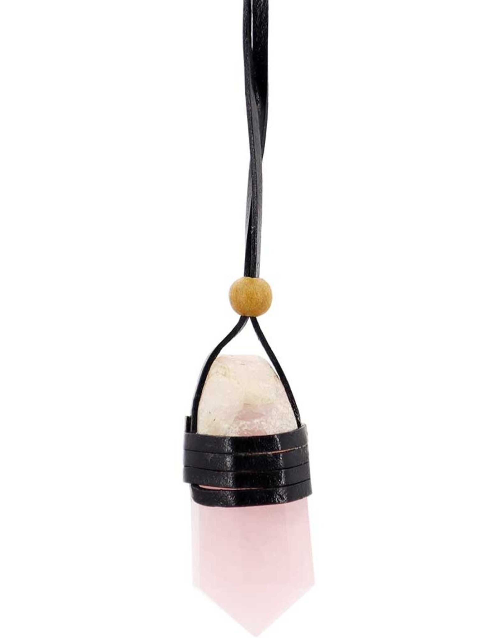 NECKLACE-FACET.POINT-LEATHER WRAP ROSE QUARTZ(UNIT) 1″-1.75″