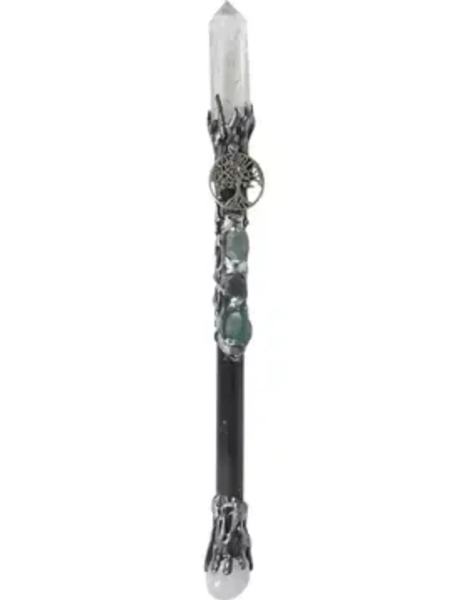 MAGICK WAND-CLEAR QTZ POINT W/METAL TREE OF LIFE 10″L