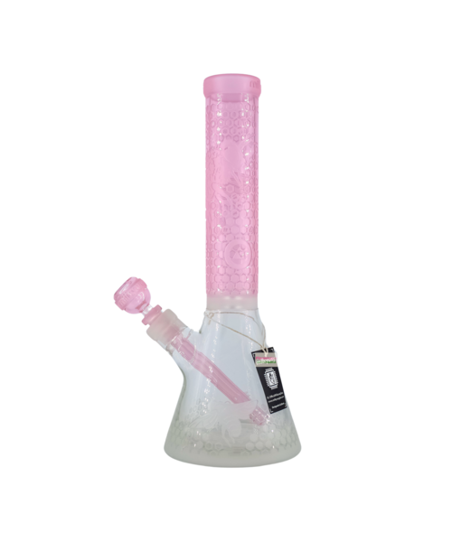 Milky Way Glass Hand Carved Bee Hive 14" Beaker Bong Pink w/White Accents