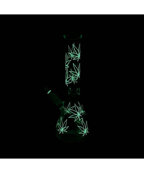 10" Stylized Hemp Leaf Glow In Dark Beaker Bong Assorted